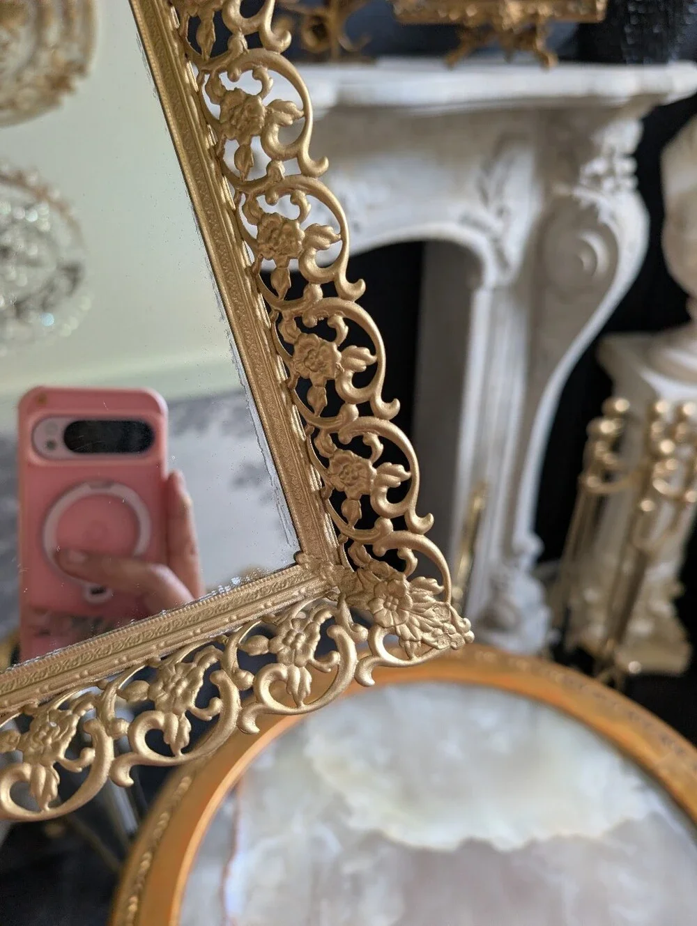 Vintage Gold Ornate Filigree Footed Vanity  Mirror Display Tray 16